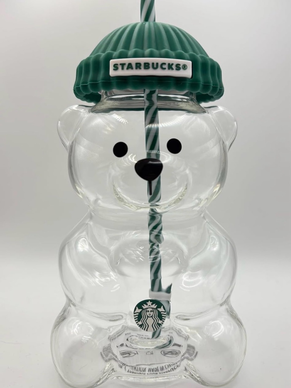 Starbucks Clear Bear-Shaped Glass Tumbler with Green Hat and Striped Straw